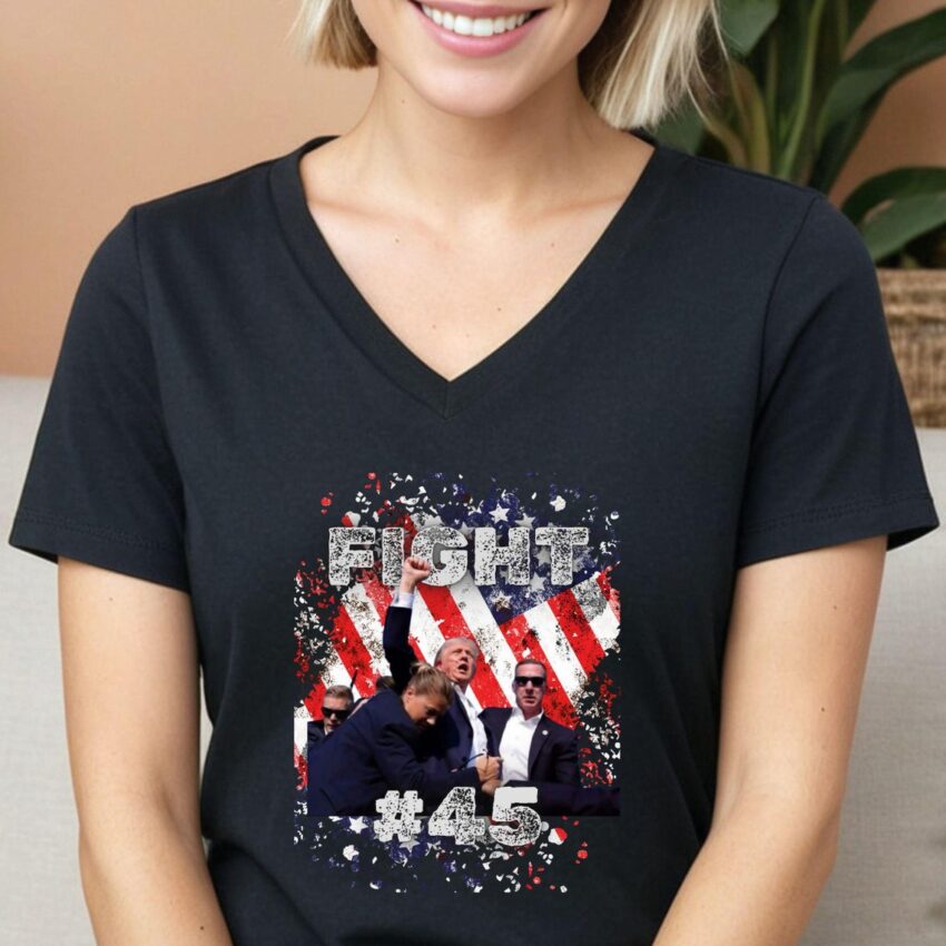 Fight #45 Trump V-Neck Shirt, Trump Assassination T-Shirt, Trump Rally Shooting Tee, Trump for President Tees, Republican Supporter Tank Top